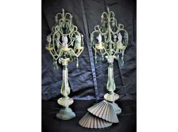 Pair Of Dimmable Decorative Candelabra Table Lamps With Pale Yellow & Green Glass