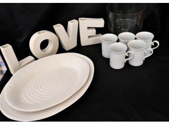 Off White Serving Pieces & Mugs, Footed Glass Bowl And Love Letter Vases