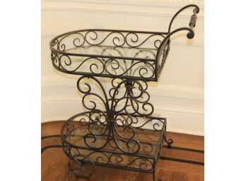Vintage Scrolled Iron Work And Glass Shelf Bar Cart