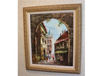 Signed Nassan Oil On Canvas Painting In Antiqued Gold Finished Ornate Frame