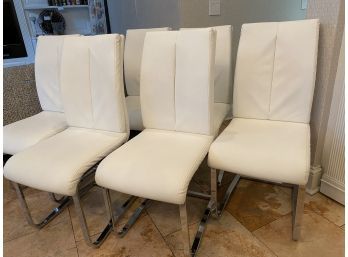 6 White High Back Leather & Chrome Base Dining Chairs