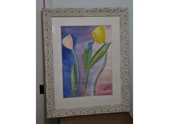 Signed Ariele Goodman Watercolor In Carved Shabby Chic Style Frame