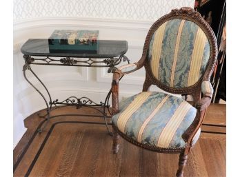 Vintage Louis XVI Style Upholstered Occasional Chair With Small Marble Topped Console Table