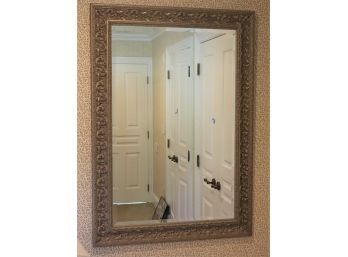 Antique Silvered Finished Beveled Wall Mirror With Carved Details