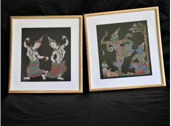 Pair Of Thai Dancer Painted Fabric Prints In Antiqued Gold Wood Frames