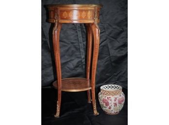 Vintage French Style Ornate Inlay Occasional Table With Fine Hungarian Porcelain Vase