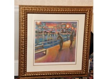 Signed & Numbered Lithograph Of Man On Bridge With City Skyline