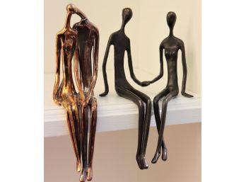 2 Couples Sitting Metal Sculptures - Iron And Silver Finished