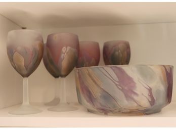 Set Of Israeli Art Glass  5 Wine, 4 Shot & 1 Serving Bowl