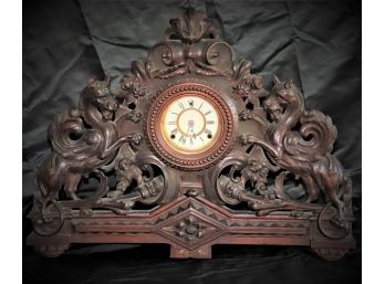 Highly Detailed Black Forest Style Ornate Carved Wood Frame With Clock Face
