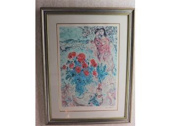 Marc Chagall Numbered & Signed Lithograph 470/500 Red Bouquet With Lovers