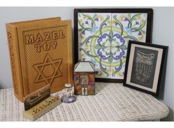 Assorted Judaica Decorative Accessories & Hand Painted Porcelain Tile Artwork