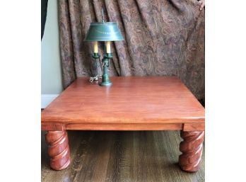 Rustic Twisted Turned Leg Square Coffee Table With Green Metal Table Lamp