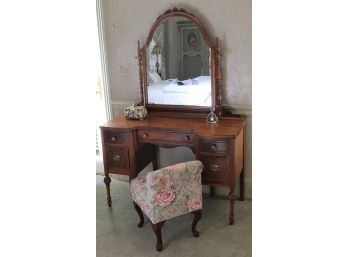 Vintage Inlay Vanity Table With Adjustable Mirror & Upholstered Vanity Chair