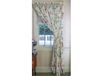 Pair Of Custom Highly Gathered Floral Patterned Curtains With Tie Backs