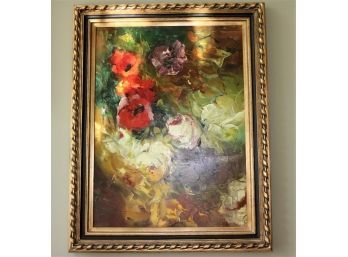 Abstract Floral Composition Painting On Canvas In Antiqued Gold & Black Carved Frame