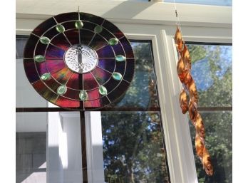 Round Stain Glass Disc & 3 Copper Colored Hanging Twists