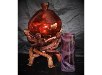 2 Decorative Glass Vases With Carved Interlocking Sculpture