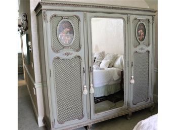Oversized Antique French Style Wardrobe With Decorative Panels & Beveled Mirror