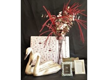 Assorted Decorative Accessories  Wooden Swan Sculpture, Silk Arrangement & More