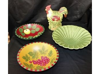 2 Hand Painted Wooden Bowls, Green Ceramic Bowl & Hand Painted Ceramic Rooster