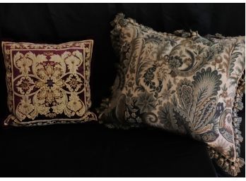Vintage Embroidered Velvet Down Throw Pillow & Needlepoint Pillow With Tassels
