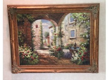 Romantic Style Painting On Canvas Of Italian Courtyard With Fountain In Ornate Gilded Frame