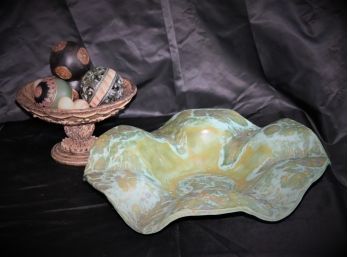Handmade Glazed Scalloped Edge Bowl, Wood Carved Footed Bowl/Stand & Spheres