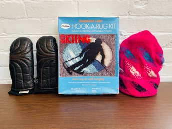 1980s Vintage Gordini Snowmobile Mittens, Wool Hat And Skiing Latch Hook Art