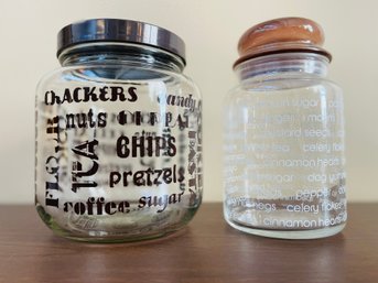 Pair Of 1980s Vintage Worded Glass Kitchen Canisters.