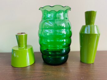 Green Vase And Candle Holder Lot