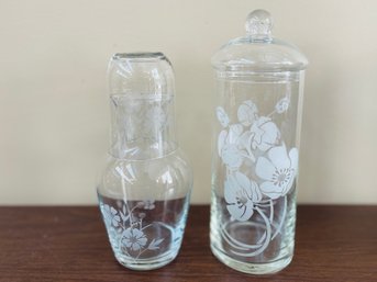 Frosted Flowers Glass Night Time Carafe & Canister