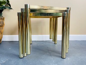 1970s Vintage Trio Of Brass And Glass Stacking Tables