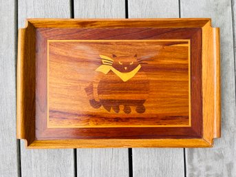 Vintage Wood Inlay Cat Serving Tray