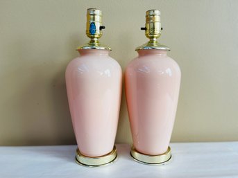 Pair Of 1980s Petite Pink Glass Twin Table Lamps