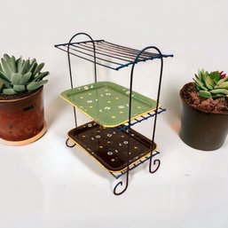 Mid Century Blue Wired Plant Stand/book Shelf W/2 Flower Trays