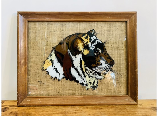 1980s Big Cat Painted On Glass In Frame Signed Mary