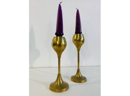 Mid Century Modern Brass Candle Sticks With Candles