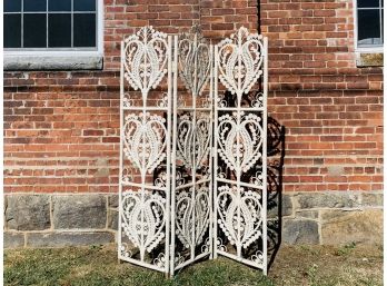 Vintage White Wicker 'Fiddle Head' Room Divider / Privacy Screen