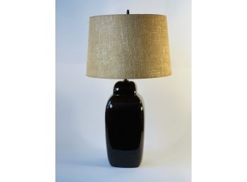 1980s Large Ceramic Brown Table Lamp With Burlap Shade.