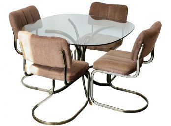 1970s Brass And Glass Table With Cantilever Style Chairs.