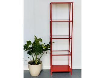 Modern IKEA Red Metal & Glass Shelving Unit With Adjustable Feet