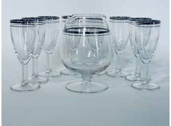 Mid Century Modern Dorthy Thorpe Style Silver Rim Decanter/Cocktail  Pitcher & Port/sherry Glasses Set
