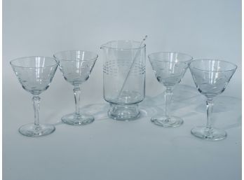 1970s Etched Glass Martini Cocktail Set