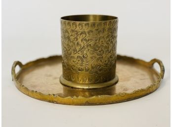 Vintage Brass Petite Tray And Brass Etched Cup