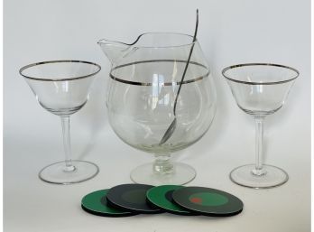Vintage Silver Rim Coupe Glass With Matching Cocktail Pitcher