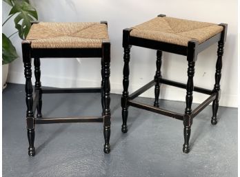 Pair Of Dorchester Woven Black Wood Stools By Ballard Design (ITALY)