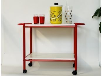 Retro Red Plastic & White Laminate Rolling Bar Cart