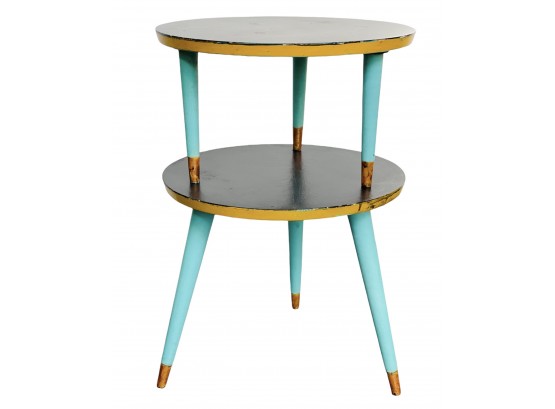 Unique And Funky Mid Century Modern Round 2-tiered Painted Accent Table.