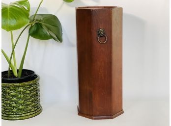 Tall Vintage Wood Umbrella Holder With Brass Lions